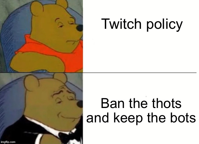 Fancy Winnie The Pooh Meme | Twitch policy; Ban the thots and keep the bots | image tagged in fancy winnie the pooh meme | made w/ Imgflip meme maker