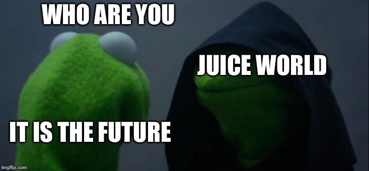 Evil Kermit | WHO ARE YOU; JUICE WORLD; IT IS THE FUTURE | image tagged in memes,evil kermit | made w/ Imgflip meme maker