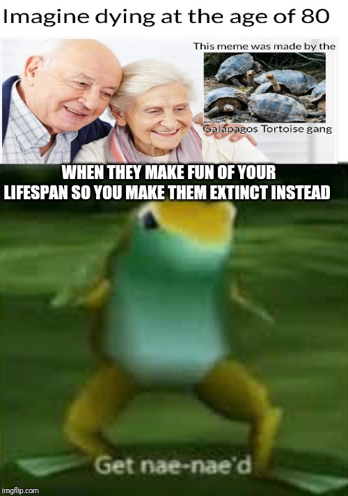Get nae nae'd | WHEN THEY MAKE FUN OF YOUR LIFESPAN SO YOU MAKE THEM EXTINCT INSTEAD | image tagged in get nae nae'd | made w/ Imgflip meme maker