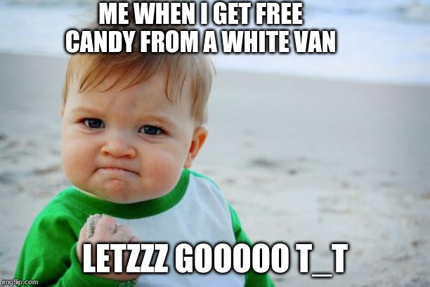 Success Kid Original | ME WHEN I GET FREE CANDY FROM A WHITE VAN; LETZZZ GOOOOO T_T | image tagged in memes,success kid original | made w/ Imgflip meme maker