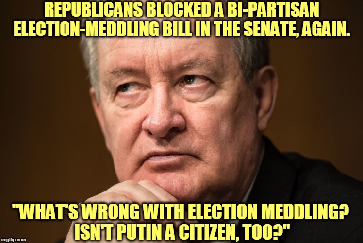 This is Sen. Mike Crapo (R), Idaho. Stupid+. | REPUBLICANS BLOCKED A BI-PARTISAN ELECTION-MEDDLING BILL IN THE SENATE, AGAIN. "WHAT'S WRONG WITH ELECTION MEDDLING? 
ISN'T PUTIN A CITIZEN, TOO?" | image tagged in trump,putin,election meddling,senate,mike crapo | made w/ Imgflip meme maker