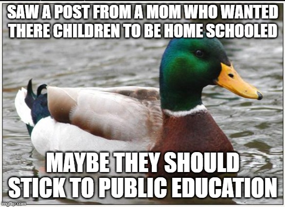 Actual Advice Mallard Meme | SAW A POST FROM A MOM WHO WANTED THERE CHILDREN TO BE HOME SCHOOLED; MAYBE THEY SHOULD STICK TO PUBLIC EDUCATION | image tagged in memes,actual advice mallard | made w/ Imgflip meme maker