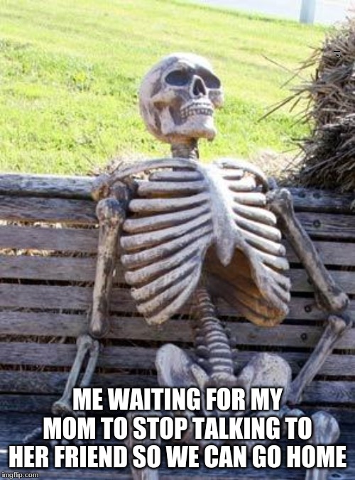 Waiting Skeleton | ME WAITING FOR MY MOM TO STOP TALKING TO HER FRIEND SO WE CAN GO HOME | image tagged in memes,waiting skeleton | made w/ Imgflip meme maker