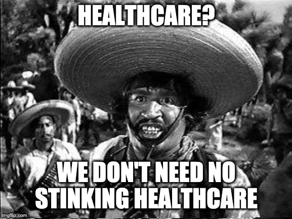 Badges | HEALTHCARE? WE DON'T NEED NO STINKING HEALTHCARE | image tagged in badges | made w/ Imgflip meme maker
