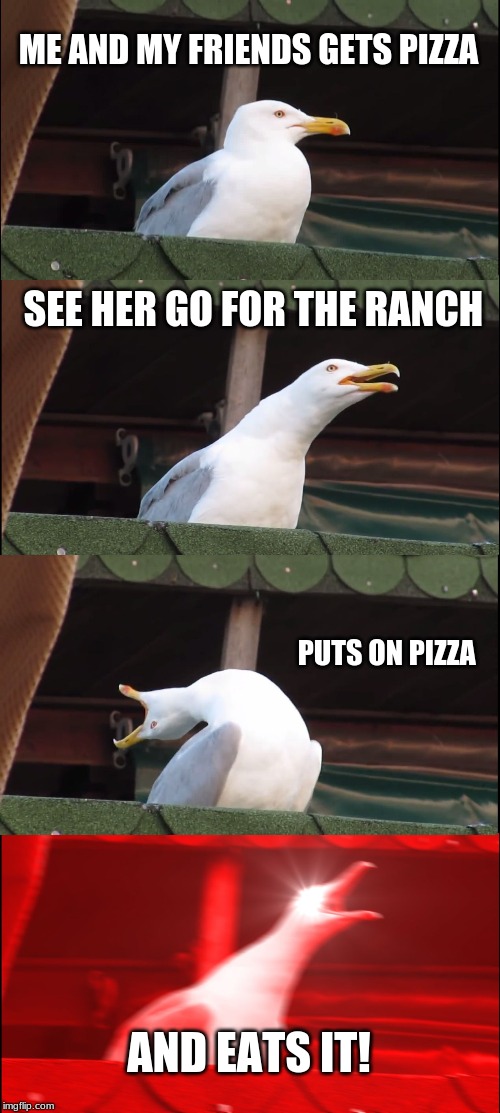 Inhaling Seagull Meme | ME AND MY FRIENDS GETS PIZZA; SEE HER GO FOR THE RANCH; PUTS ON PIZZA; AND EATS IT! | image tagged in memes,inhaling seagull | made w/ Imgflip meme maker