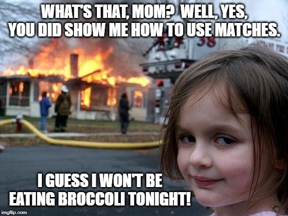 Disaster Girl | WHAT'S THAT, MOM?  WELL, YES, YOU DID SHOW ME HOW TO USE MATCHES. I GUESS I WON'T BE EATING BROCCOLI TONIGHT! | image tagged in memes,disaster girl | made w/ Imgflip meme maker