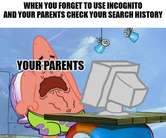 Patrick Star Internet Disgust | WHEN YOU FORGET TO USE INCOGNITO AND YOUR PARENTS CHECK YOUR SEARCH HISTORY; YOUR PARENTS | image tagged in patrick star internet disgust | made w/ Imgflip meme maker