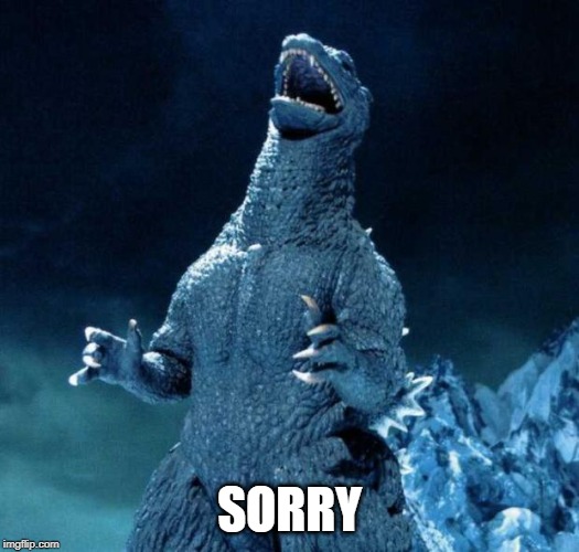 Laughing Godzilla | SORRY | image tagged in laughing godzilla | made w/ Imgflip meme maker