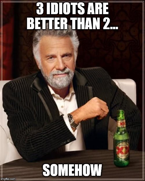 The Most Interesting Man In The World Meme | 3 IDIOTS ARE BETTER THAN 2... SOMEHOW | image tagged in memes,the most interesting man in the world | made w/ Imgflip meme maker