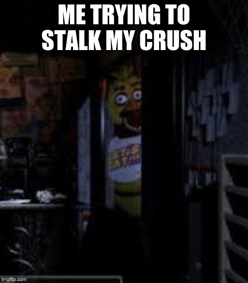 Chica Looking In Window FNAF | ME TRYING TO STALK MY CRUSH | image tagged in chica looking in window fnaf | made w/ Imgflip meme maker