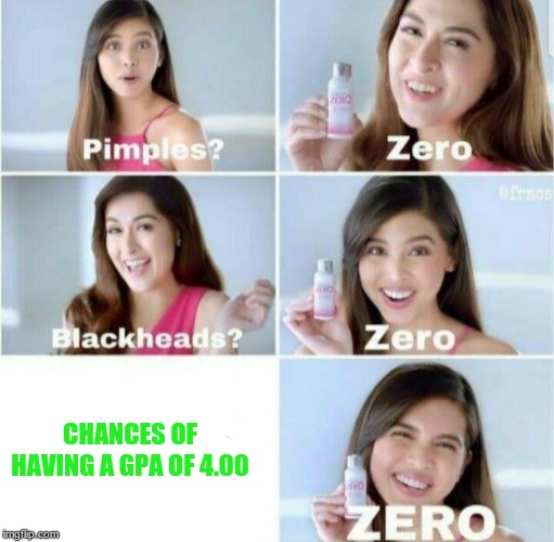 Pimples, Zero! | CHANCES OF HAVING A GPA OF 4.00 | image tagged in pimples zero | made w/ Imgflip meme maker