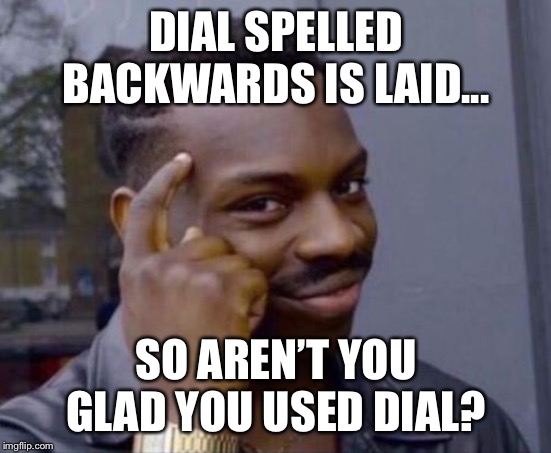 black guy pointing at head | DIAL SPELLED BACKWARDS IS LAID... SO AREN’T YOU GLAD YOU USED DIAL? | image tagged in black guy pointing at head | made w/ Imgflip meme maker