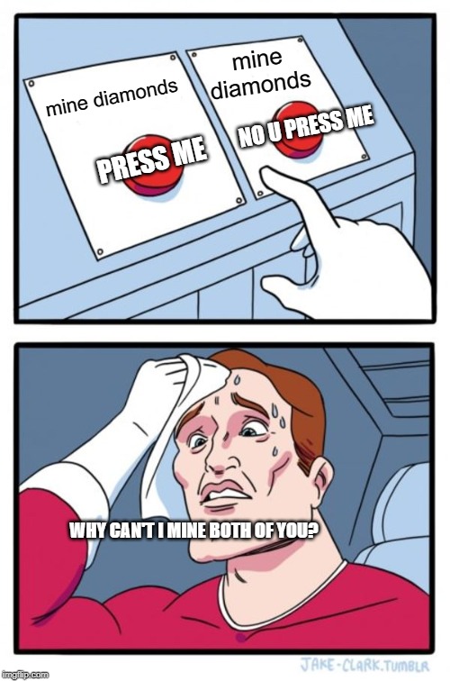 Two Buttons Meme | mine diamonds; mine diamonds; NO U PRESS ME; PRESS ME; WHY CAN'T I MINE BOTH OF YOU? | image tagged in memes,two buttons | made w/ Imgflip meme maker