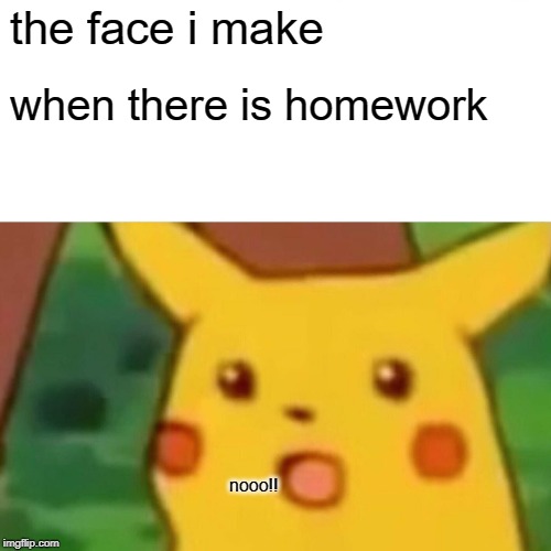 Surprised Pikachu | the face i make; when there is homework; nooo!! | image tagged in memes,surprised pikachu | made w/ Imgflip meme maker