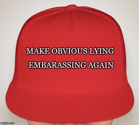 Trump Hat | EMBARASSING AGAIN; MAKE OBVIOUS LYING | image tagged in trump hat | made w/ Imgflip meme maker