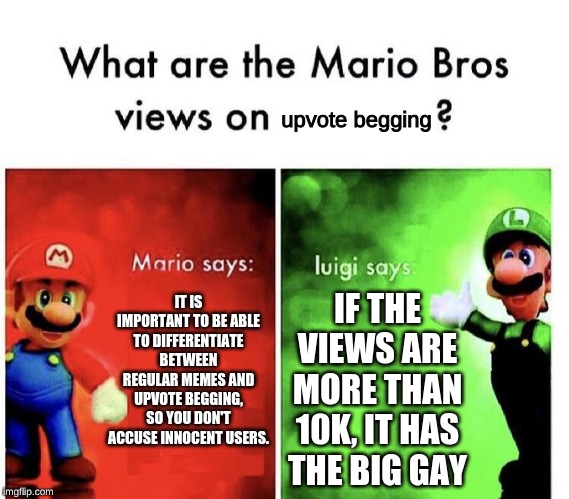 Mario Bros Views | upvote begging; IT IS IMPORTANT TO BE ABLE TO DIFFERENTIATE BETWEEN REGULAR MEMES AND UPVOTE BEGGING, SO YOU DON'T ACCUSE INNOCENT USERS. IF THE VIEWS ARE MORE THAN 10K, IT HAS THE BIG GAY | image tagged in mario bros views,memes,upvote beggars,upvote begging,views | made w/ Imgflip meme maker