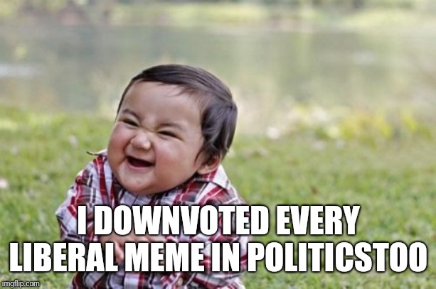 Evil Toddler | I DOWNVOTED EVERY LIBERAL MEME IN POLITICSTOO | image tagged in memes,evil toddler | made w/ Imgflip meme maker
