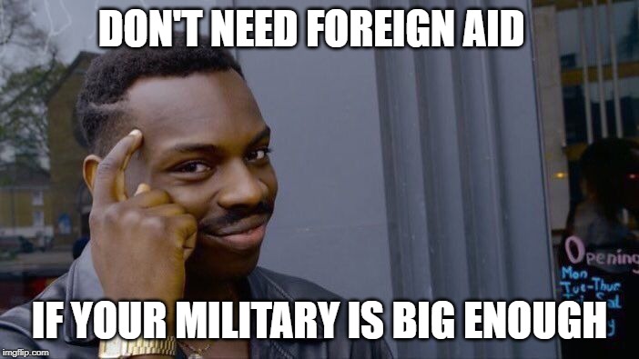 Roll Safe Think About It Meme | DON'T NEED FOREIGN AID; IF YOUR MILITARY IS BIG ENOUGH | image tagged in memes,roll safe think about it | made w/ Imgflip meme maker