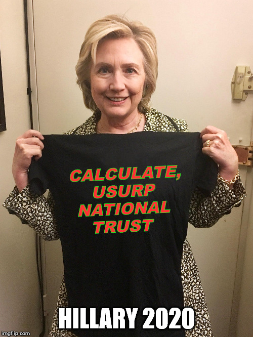 Hillary Shirt | CALCULATE,
USURP
NATIONAL
TRUST; HILLARY 2020 | image tagged in hillary shirt | made w/ Imgflip meme maker
