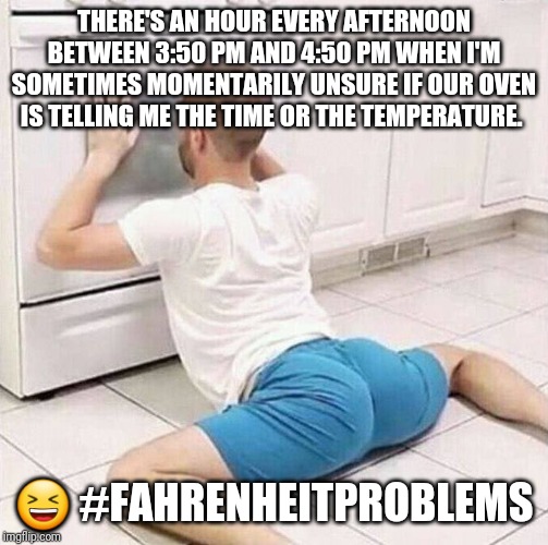 Oven Check | THERE'S AN HOUR EVERY AFTERNOON BETWEEN 3:50 PM AND 4:50 PM WHEN I'M SOMETIMES MOMENTARILY UNSURE IF OUR OVEN IS TELLING ME THE TIME OR THE TEMPERATURE. 😆 #FAHRENHEITPROBLEMS | image tagged in oven check | made w/ Imgflip meme maker