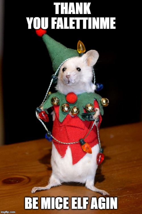 thanks | THANK YOU FALETTINME; BE MICE ELF AGIN | image tagged in mice elf,christmas,pun | made w/ Imgflip meme maker