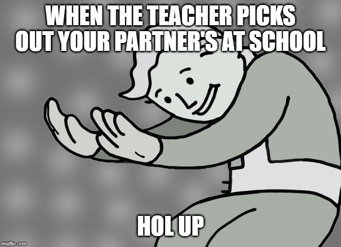 Hol up | WHEN THE TEACHER PICKS OUT YOUR PARTNER'S AT SCHOOL; HOL UP | image tagged in hol up | made w/ Imgflip meme maker