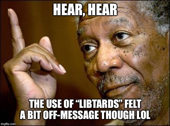 This Morgan Freeman | HEAR, HEAR THE USE OF “LIBTARDS” FELT A BIT OFF-MESSAGE THOUGH LOL | image tagged in this morgan freeman | made w/ Imgflip meme maker