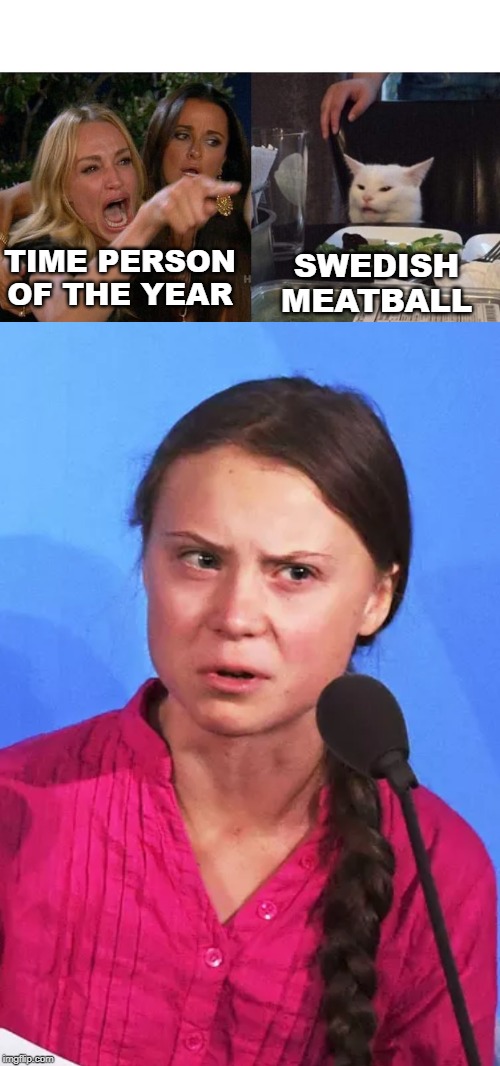 Greta Thunberg | TIME PERSON OF THE YEAR; SWEDISH
MEATBALL | image tagged in memes,woman yelling at cat | made w/ Imgflip meme maker