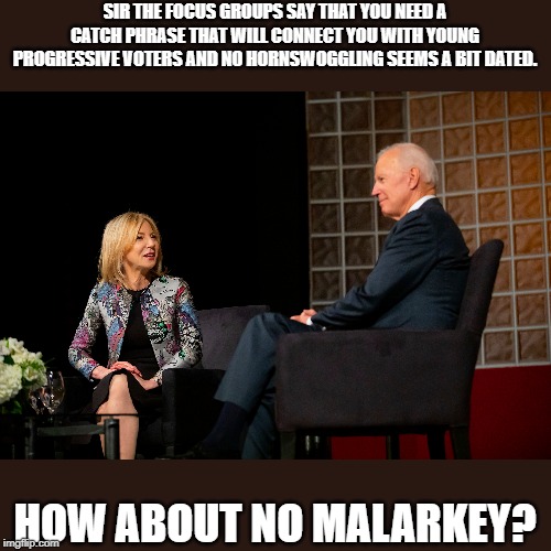 Old Joe | SIR THE FOCUS GROUPS SAY THAT YOU NEED A CATCH PHRASE THAT WILL CONNECT YOU WITH YOUNG PROGRESSIVE VOTERS AND NO HORNSWOGGLING SEEMS A BIT DATED. HOW ABOUT NO MALARKEY? | image tagged in joe biden,no malarky | made w/ Imgflip meme maker