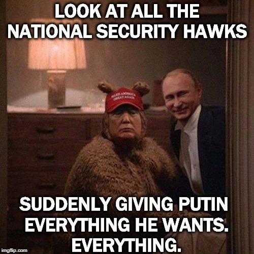 For decades, the head of the KGB (initials VP) dreamed of destroying the FBI. And now his dream has come true. Thanks Donald. | LOOK AT ALL THE NATIONAL SECURITY HAWKS; SUDDENLY GIVING PUTIN 
EVERYTHING HE WANTS.
EVERYTHING. | image tagged in kgb,fbi,gop,putin,trump,republican | made w/ Imgflip meme maker