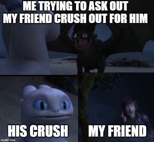 How to train your dragon 3 | ME TRYING TO ASK OUT MY FRIEND CRUSH OUT FOR HIM; HIS CRUSH        MY FRIEND | image tagged in how to train your dragon 3 | made w/ Imgflip meme maker