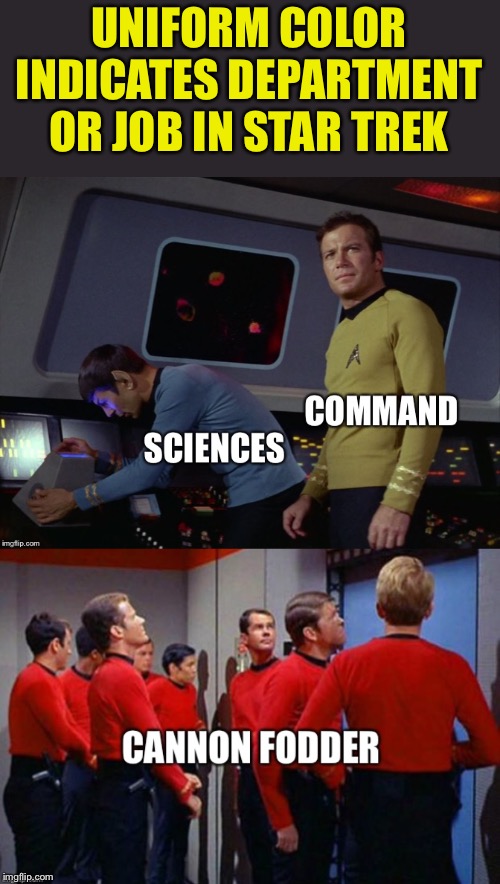 Star Trek | UNIFORM COLOR INDICATES DEPARTMENT OR JOB IN STAR TREK | image tagged in star trek,uniform | made w/ Imgflip meme maker
