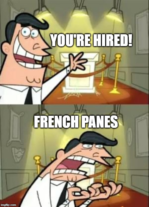 Frenchies | YOU'RE HIRED! FRENCH PANES | image tagged in window cleaning,french panes | made w/ Imgflip meme maker