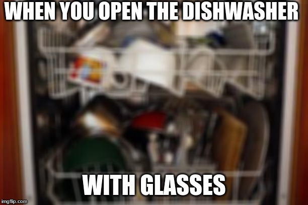 C'mon we people with glasses can relate | WHEN YOU OPEN THE DISHWASHER; WITH GLASSES | image tagged in blur,glasses,dishwasher | made w/ Imgflip meme maker