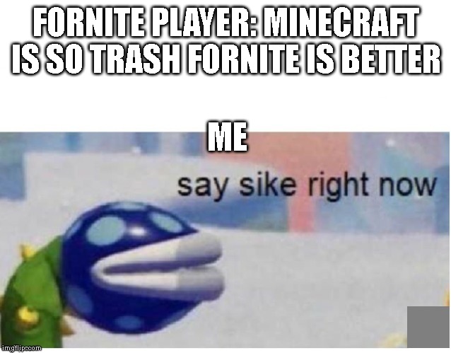 say sike right now | FORNITE PLAYER: MINECRAFT IS SO TRASH FORNITE IS BETTER; ME | image tagged in say sike right now | made w/ Imgflip meme maker