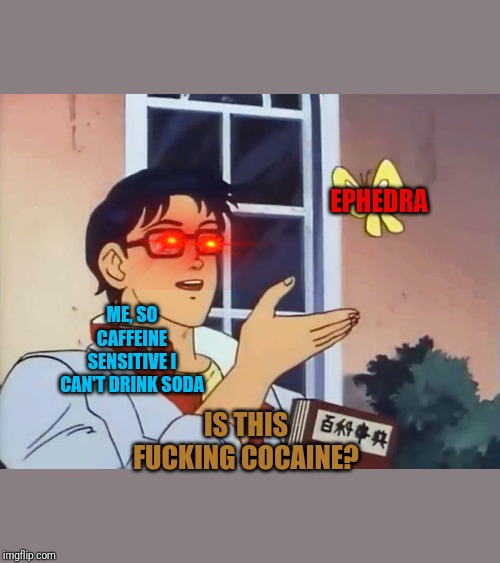 ANIME BUTTERFLY MEME | EPHEDRA; ME, SO CAFFEINE SENSITIVE I CAN'T DRINK SODA; IS THIS FUCKING COCAINE? | image tagged in anime butterfly meme | made w/ Imgflip meme maker