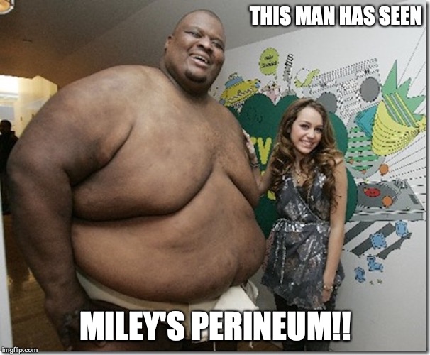 Cyrus With Obese Black Man | THIS MAN HAS SEEN; MILEY'S PERINEUM!! | image tagged in miley cyrus,funny,memes | made w/ Imgflip meme maker