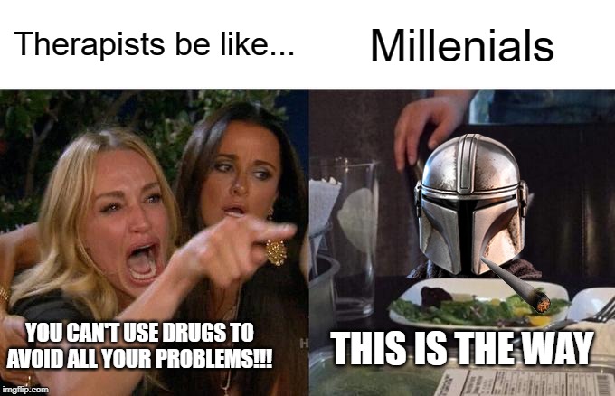 Woman Yelling At Cat Meme | Therapists be like... Millenials; YOU CAN'T USE DRUGS TO AVOID ALL YOUR PROBLEMS!!! THIS IS THE WAY | image tagged in memes,woman yelling at cat | made w/ Imgflip meme maker