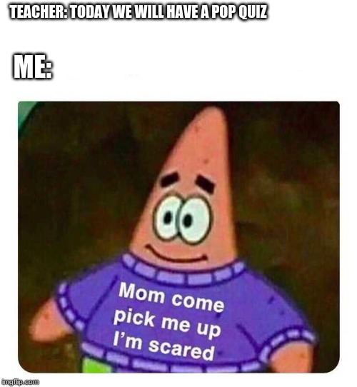 Patrick Mom come pick me up I'm scared | TEACHER: TODAY WE WILL HAVE A POP QUIZ; ME: | image tagged in patrick mom come pick me up i'm scared | made w/ Imgflip meme maker