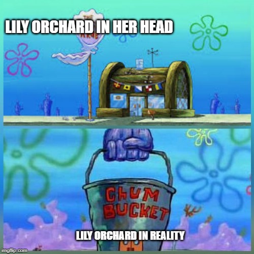 Krusty Krab Vs Chum Bucket | LILY ORCHARD IN HER HEAD; LILY ORCHARD IN REALITY | image tagged in memes,krusty krab vs chum bucket | made w/ Imgflip meme maker