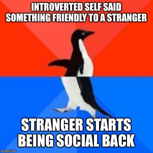 Socially awkward penguin red top blue bottom | INTROVERTED SELF SAID SOMETHING FRIENDLY TO A STRANGER; STRANGER STARTS BEING SOCIAL BACK | image tagged in socially awkward penguin red top blue bottom | made w/ Imgflip meme maker