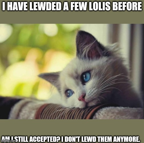 Sad cat | I HAVE LEWDED A FEW LOLIS BEFORE; AM I STILL ACCEPTED? I DON'T LEWD THEM ANYMORE. | image tagged in sad cat | made w/ Imgflip meme maker