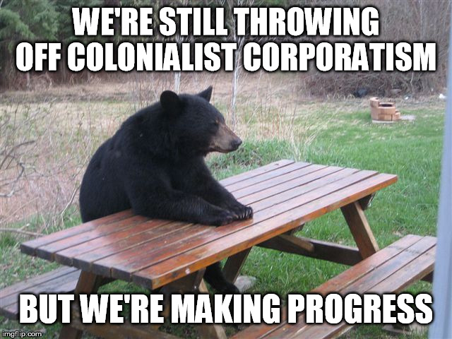 Patient Bear | WE'RE STILL THROWING OFF COLONIALIST CORPORATISM BUT WE'RE MAKING PROGRESS | image tagged in patient bear | made w/ Imgflip meme maker