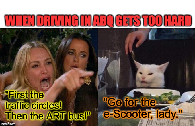 Woman Yelling At Cat Meme | WHEN DRIVING IN ABQ GETS TOO HARD; "First the traffic circles!
Then the ART bus!"; "Go for the e-Scooter, lady." | image tagged in memes,woman yelling at cat | made w/ Imgflip meme maker