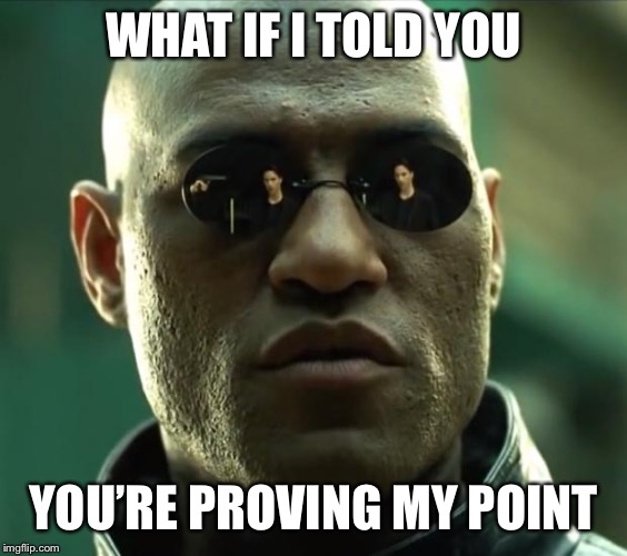 When they say something they think is clever but really just proves your point. | WHAT IF I TOLD YOU YOU’RE PROVING MY POINT | image tagged in morpheus,electoral college,popular vote | made w/ Imgflip meme maker
