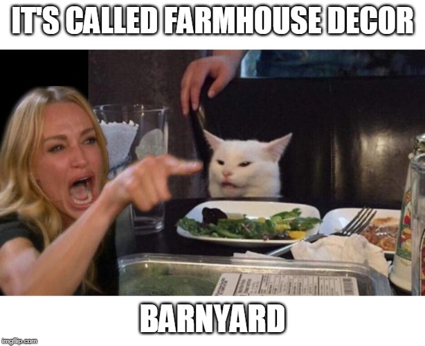 Girl In Cat's Face | IT'S CALLED FARMHOUSE DECOR; BARNYARD | image tagged in girl in cat's face | made w/ Imgflip meme maker