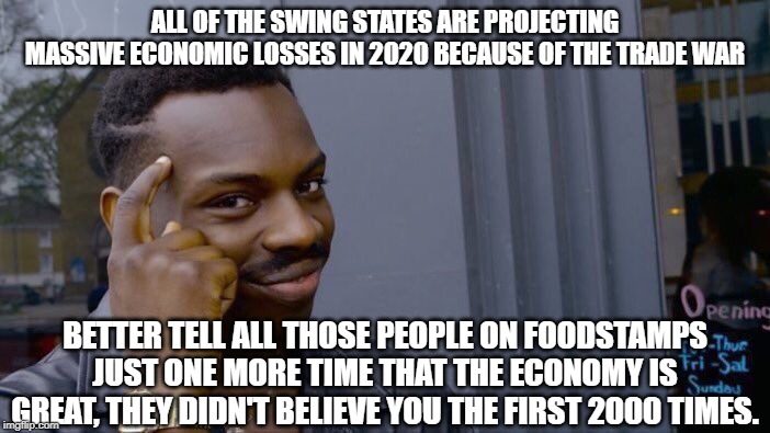 Roll Safe Think About It Meme | ALL OF THE SWING STATES ARE PROJECTING MASSIVE ECONOMIC LOSSES IN 2020 BECAUSE OF THE TRADE WAR; BETTER TELL ALL THOSE PEOPLE ON FOODSTAMPS JUST ONE MORE TIME THAT THE ECONOMY IS GREAT, THEY DIDN'T BELIEVE YOU THE FIRST 2000 TIMES. | image tagged in memes,roll safe think about it | made w/ Imgflip meme maker