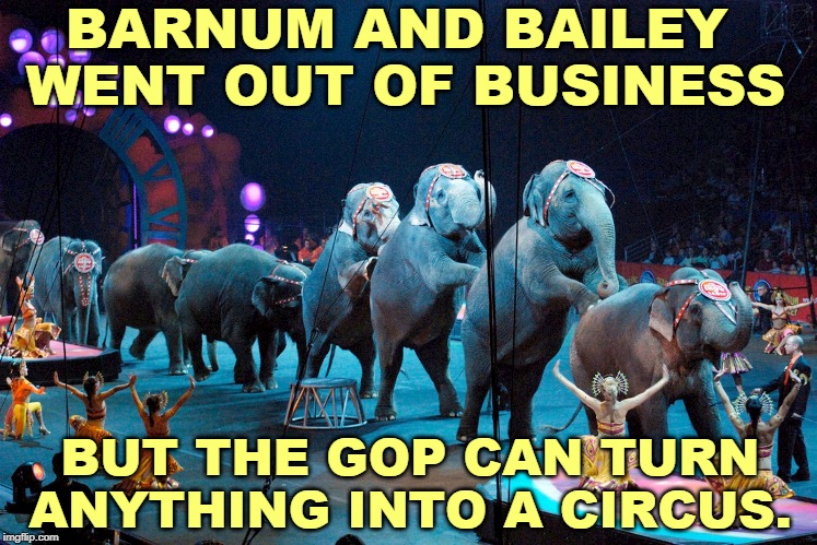 Here well-trained Trump Cult Weenies are photographed getting in line. | BARNUM AND BAILEY 
WENT OUT OF BUSINESS; BUT THE GOP CAN TURN ANYTHING INTO A CIRCUS. | image tagged in circus,gop,republican,elephant,trump cult weenie | made w/ Imgflip meme maker