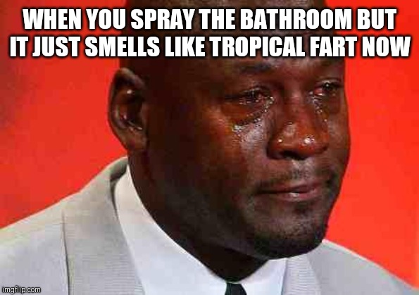 crying michael jordan | WHEN YOU SPRAY THE BATHROOM BUT IT JUST SMELLS LIKE TROPICAL FART NOW | image tagged in crying michael jordan | made w/ Imgflip meme maker