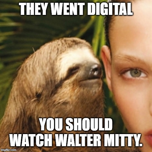 Whisper Sloth Meme | THEY WENT DIGITAL YOU SHOULD WATCH WALTER MITTY. | image tagged in memes,whisper sloth | made w/ Imgflip meme maker